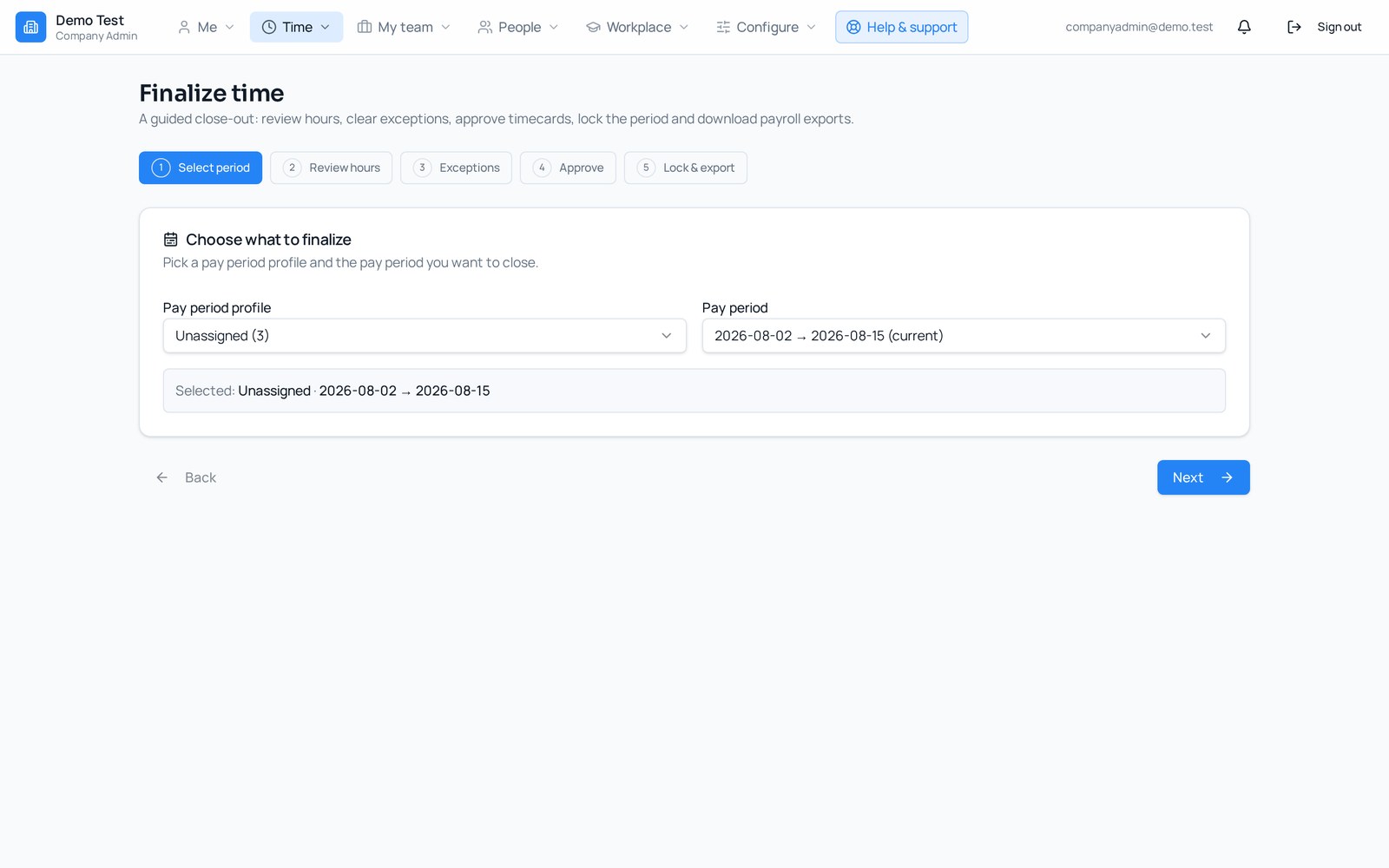 HarmonyWFM Finalize time wizard closing a pay period and exporting payroll